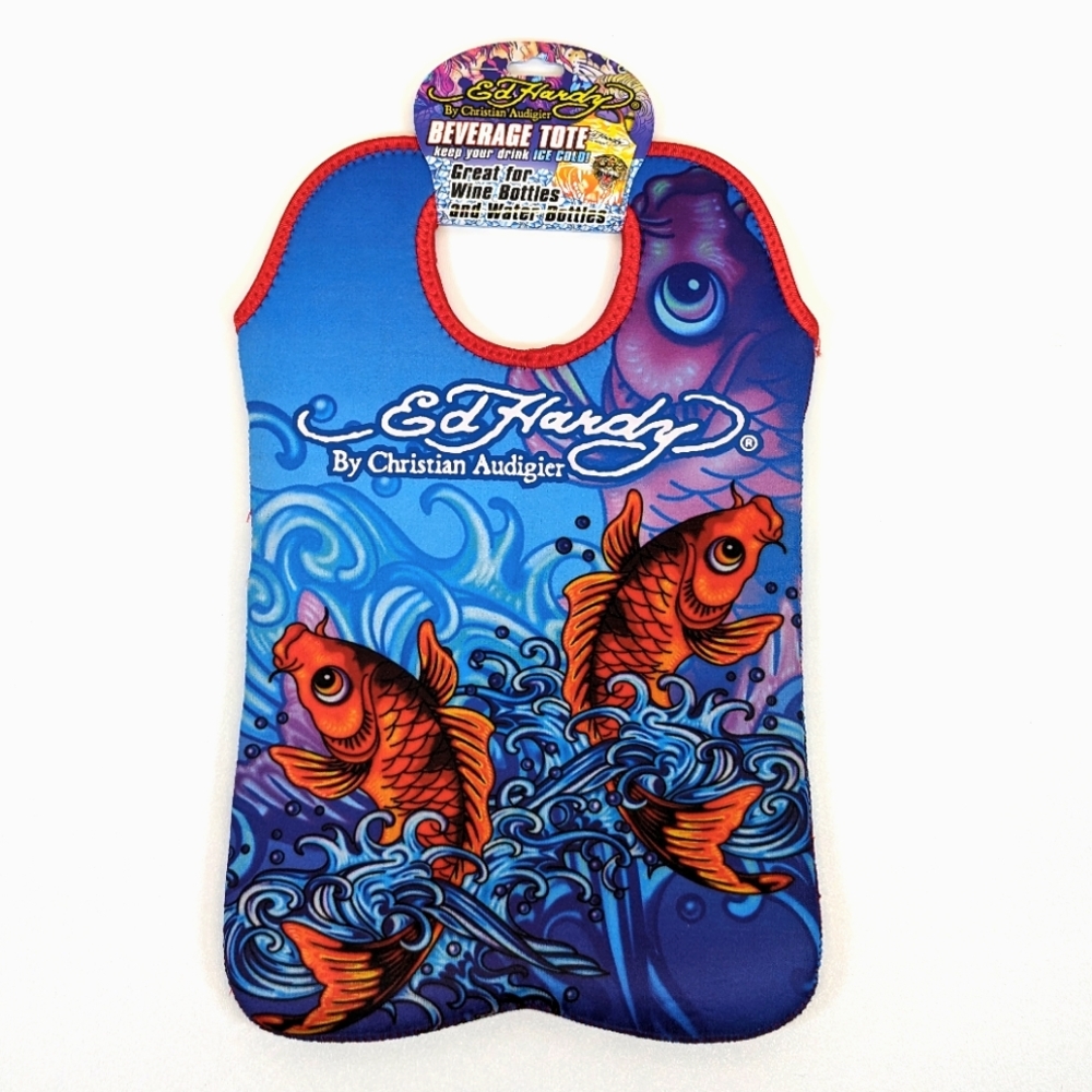 Ed Hardy Designs by Christian Audigier Neoprene 2 Bottle Beverage Tote Ocean Koi